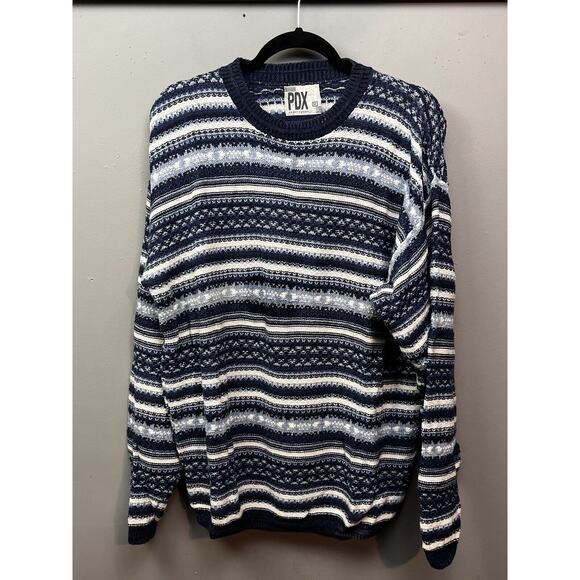 Vintage PDX Sweater Adult Medium Blue Geometric Pullover Cosby Grandpa Striped - Picture 1 of 5